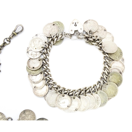 759 - Two silver bracelets set with Victorian and later three pence coins. Together with silver plate chat... 