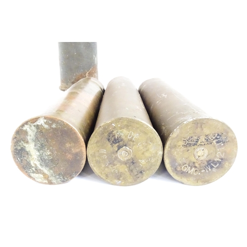 889 - Militaria: a quantity of inert shell cases, comprising a WWII French 47mm Mle 1935 anti tank shell, ... 
