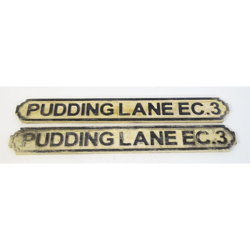 1260 - Two late 20thC carved wooden street / road signs for Pudding Lane EC. 3 (London), with painted detai... 