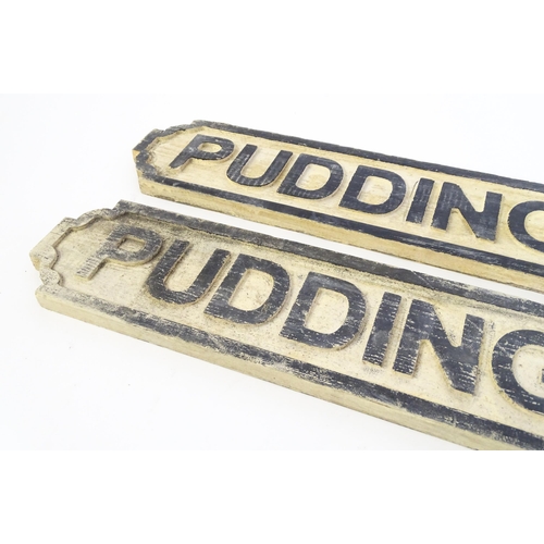 1260 - Two late 20thC carved wooden street / road signs for Pudding Lane EC. 3 (London), with painted detai... 