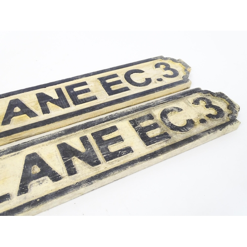 1260 - Two late 20thC carved wooden street / road signs for Pudding Lane EC. 3 (London), with painted detai... 