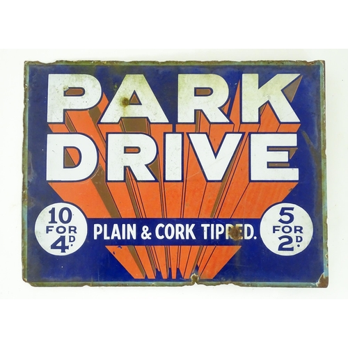 1321 - A 20thC double sided polychrome enamel advertising sign, 'Park Drive - Plain & Cork Tipped'. Approx ... 