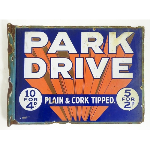 1321 - A 20thC double sided polychrome enamel advertising sign, 'Park Drive - Plain & Cork Tipped'. Approx ... 