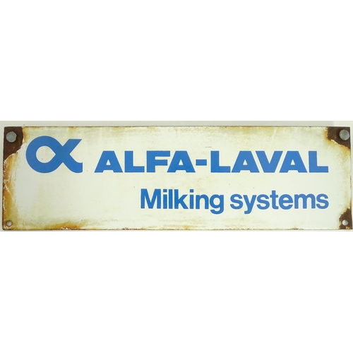 1324 - Dairy Farming Interest: A 20thC enamel advertising sign 'Alfa-Laval Milking Systems'. Approx 13 1/2