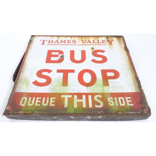 1326 - A 20thC double sided enamel transport sign 'Thames Valley Bus Stop Queue This Side'. Approx 15