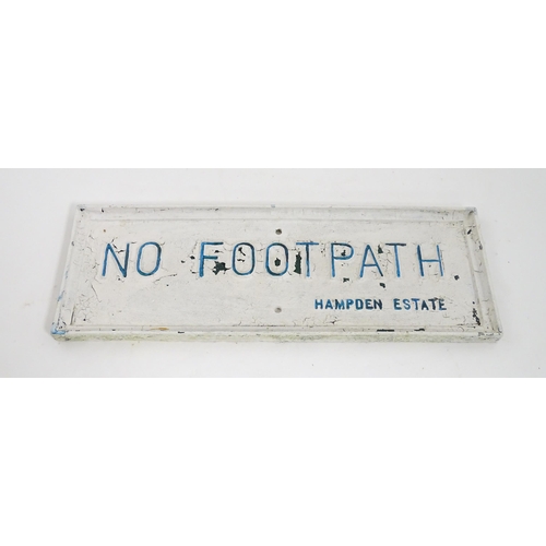 1328 - Local Buckinghamshire Interest: A 20thC cast sign with white ground and blue text 'No Footpath - Ham... 