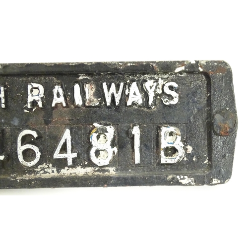 1330 - Railway Interest: A 20thC cast railway wagon plate 'British Railways BD 46481B'. Approx 17