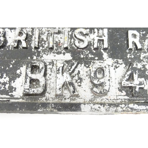 1333 - British Railway Interest: A 20thC cast railway wagon plate 'British Railways BK 9423B'. Approx 17