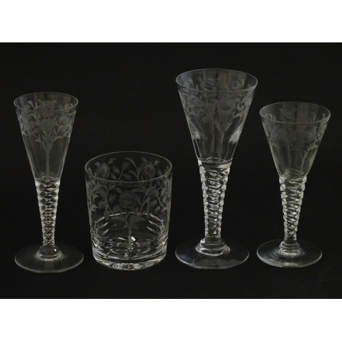 295 - A quantity of various crystal drinking glasses with cut decoration and etched rose detail, to includ... 