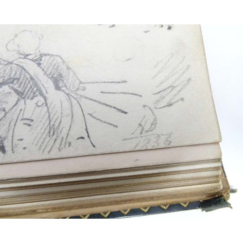 1939 - A 19thC scrapbook with various pencil, ink and watercolour drawings, to include an Old Master style ... 