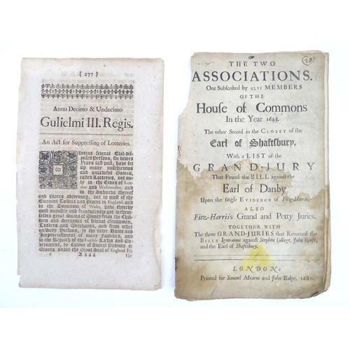 1948 - An 18thC Act of Parliament Anno Decimo & Undecimo Gulielmi III Regis - An Act for Suppressing of Lot... 