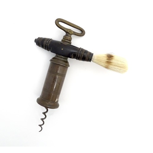 1143 - A 19thC double action corkscrew with bronzed barrel and turned hardwood handle with brush. Approx. 7... 