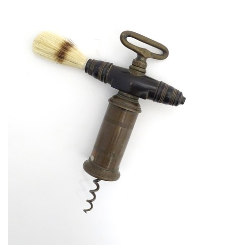 1143 - A 19thC double action corkscrew with bronzed barrel and turned hardwood handle with brush. Approx. 7... 