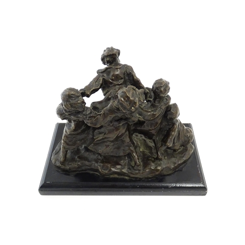 1028 - An early 20thC bronze figural group modelled as children playing. Raised on a rectangular wooden bas... 