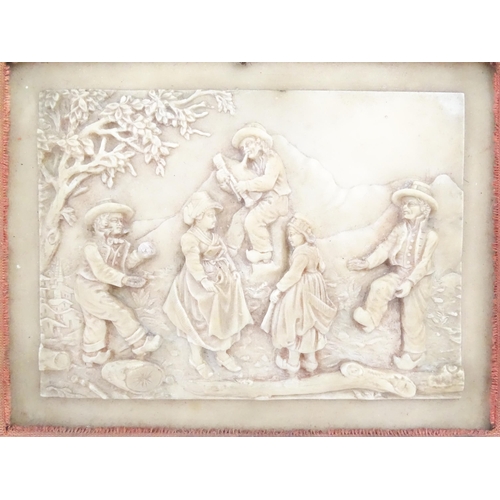 1159 - A Victorian wax plaque with relief and bas relief decoration depicting figures dancing in a landscap... 