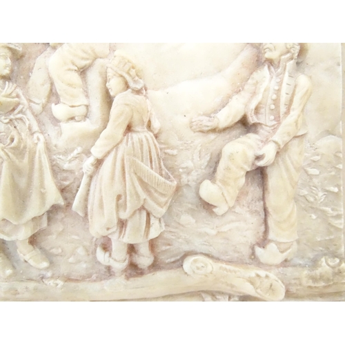 1159 - A Victorian wax plaque with relief and bas relief decoration depicting figures dancing in a landscap... 