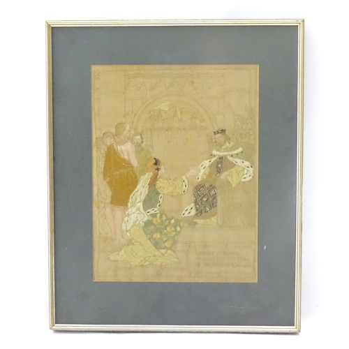 1252 - An early 20thC needlework embroidery with watercolour highlights titled Queen Philippa Pleads for th... 