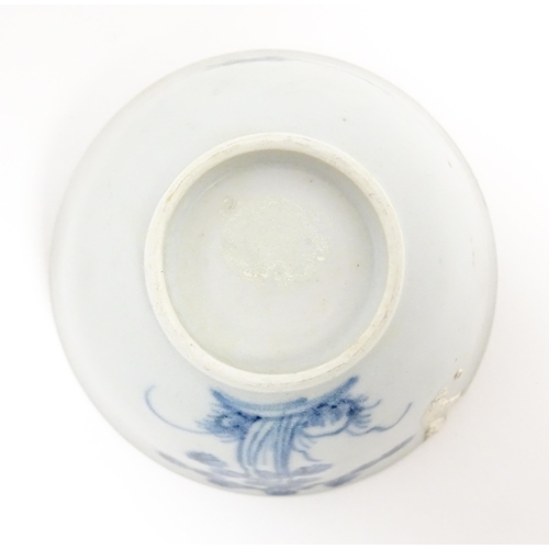 17 - A Chinese Nanking Cargo blue and white tea bowl and saucer decorated with pine trees and banded bord... 