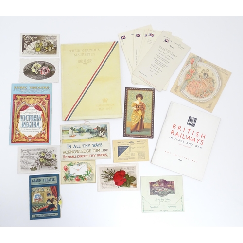 1952A - A quantity of assorted ephemera to include early 20thC greetings cards, a 20thC first class menu fro... 