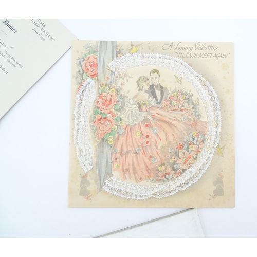 1952A - A quantity of assorted ephemera to include early 20thC greetings cards, a 20thC first class menu fro... 