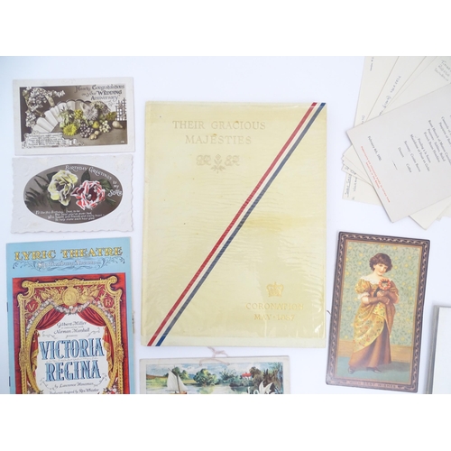 1952A - A quantity of assorted ephemera to include early 20thC greetings cards, a 20thC first class menu fro... 