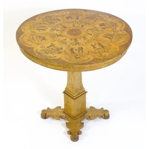 1528 - A mid 19thC table with a circular inlaid top, the top having marquetry inlaid neo-classical scenes w... 