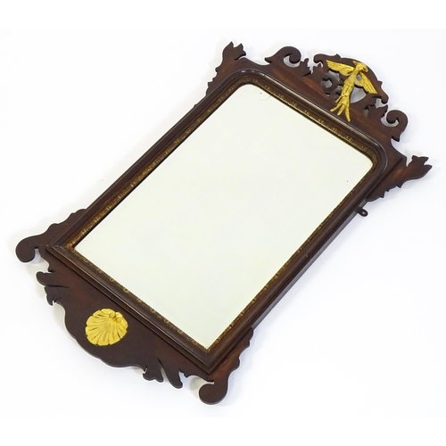 1533 - A late 19thC / early 20thC mahogany mirror, with a pierced frame and gilt painted shell and hoho bir... 