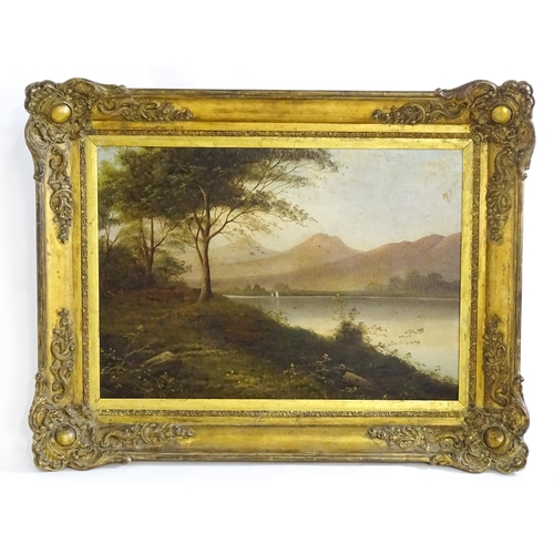 1638 - Early 20th century, Oil on canvas, A lakeside view with mountains beyond. Indistinctly signed C. A. ... 