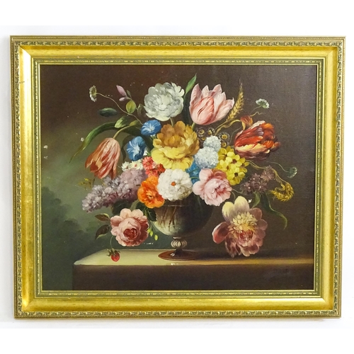 1653 - 20th century, Continental School, Oil on canvas, A still life study with flowers in bloom in a glass... 