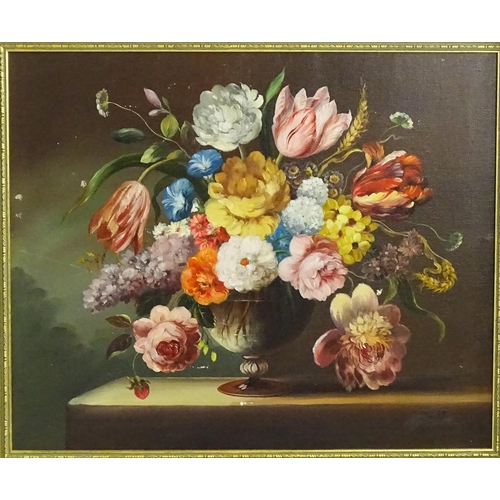 1653 - 20th century, Continental School, Oil on canvas, A still life study with flowers in bloom in a glass... 