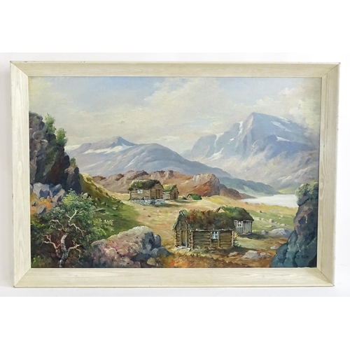 1662 - Jens Tvedt (1901-1988) Norwegian School, Oil on board, A mountain landscape with Nordic huts. Signed... 