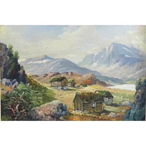 1662 - Jens Tvedt (1901-1988) Norwegian School, Oil on board, A mountain landscape with Nordic huts. Signed... 