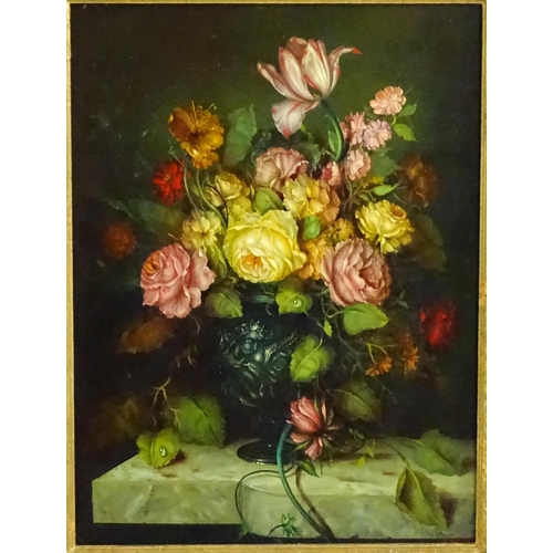 1667 - Josef Furst, 20th century, Oil on board, A still life study of flowers in bloom on a marble ledge. S... 