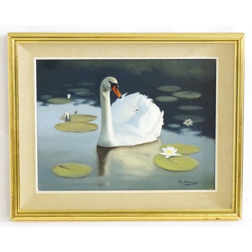 1669 - Eric Bottomley (b. 1948), Acrylic on canvas, A swan swimming amongst lily pads. Signed lower right. ... 