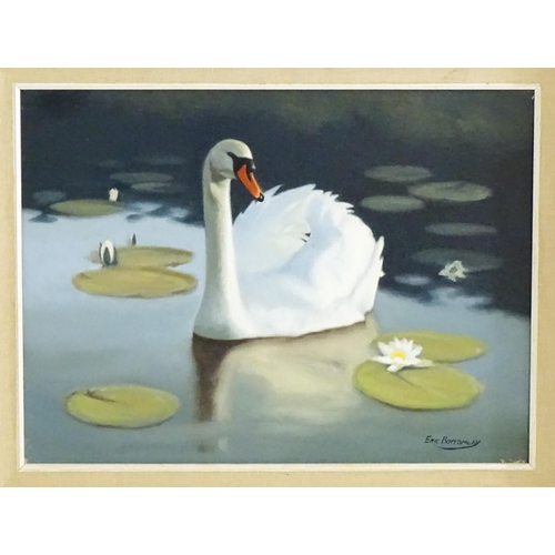 1669 - Eric Bottomley (b. 1948), Acrylic on canvas, A swan swimming amongst lily pads. Signed lower right. ... 