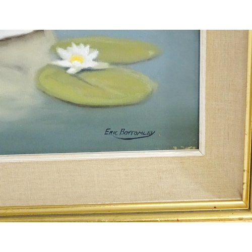 1669 - Eric Bottomley (b. 1948), Acrylic on canvas, A swan swimming amongst lily pads. Signed lower right. ... 