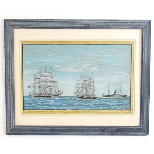 1673 - Late 19th / early 20th century, Oil on board, A seascape with sailing boats and a steam ship. Approx... 