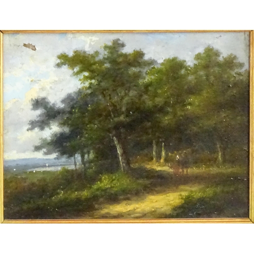 1693 - 19th century, Oil on canvas, Figures walking on a wooded path. Approx. 5 3/4