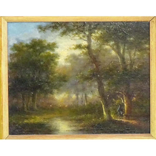 1694 - 19th century, Oil on canvas, A wooded landscape scene with stream and a figure with his dog. Approx.... 