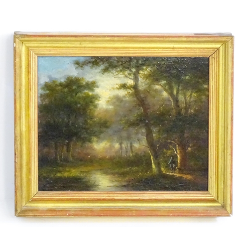 1694 - 19th century, Oil on canvas, A wooded landscape scene with stream and a figure with his dog. Approx.... 