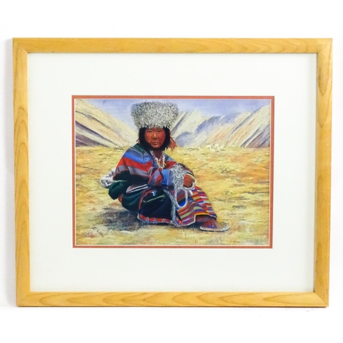 1745 - C. Kibble, 20th century, Pastel on paper, A portrait of a Native American Indian child in a mountain... 