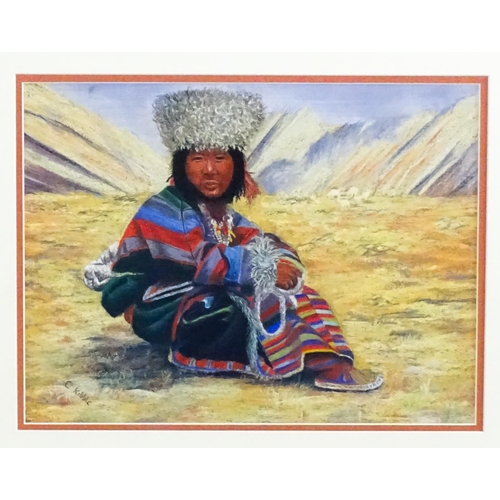 1745 - C. Kibble, 20th century, Pastel on paper, A portrait of a Native American Indian child in a mountain... 