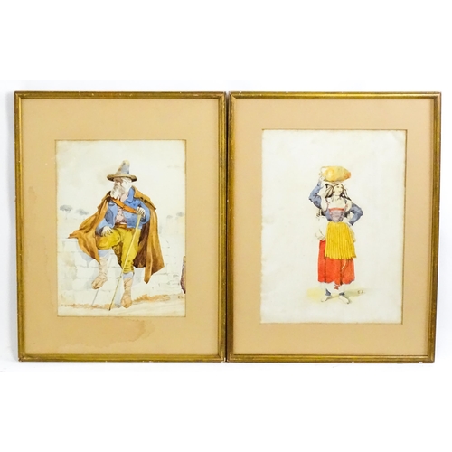 1746 - Italian School, Watercolours, A pair of portraits comprising a man wearing a traditional hat resting... 