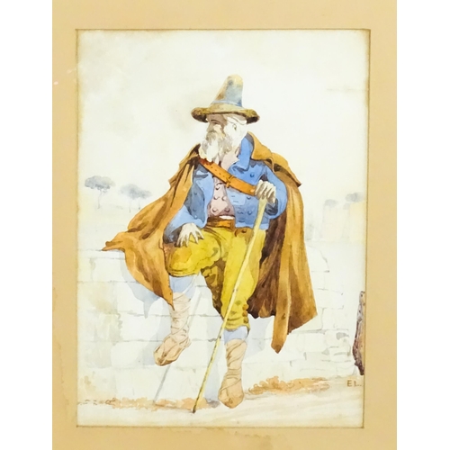 1746 - Italian School, Watercolours, A pair of portraits comprising a man wearing a traditional hat resting... 