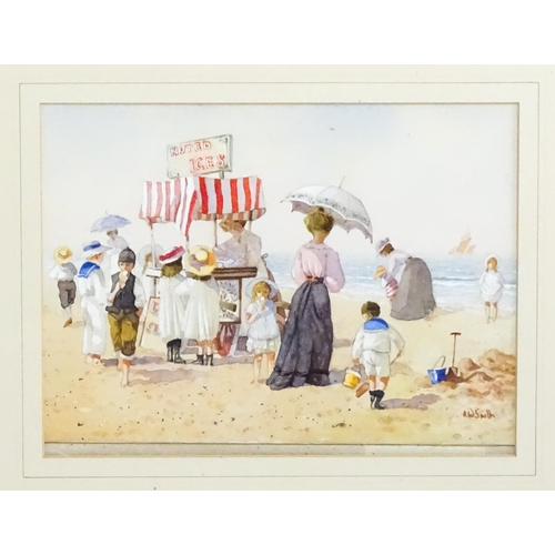 1747 - Albert W. Smith, 20th century, Watercolour, An Edwardian beach scene with children and an ice cream ... 