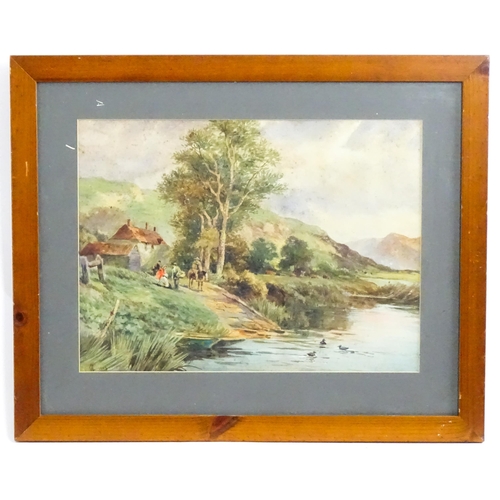 1748 - A. A. Glendening, Watercolour, A river landscape with a farming family by a cottage. Signed with mon... 