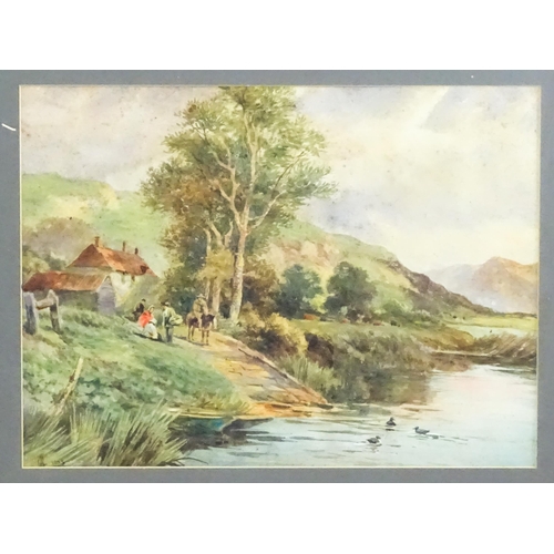 1748 - A. A. Glendening, Watercolour, A river landscape with a farming family by a cottage. Signed with mon... 