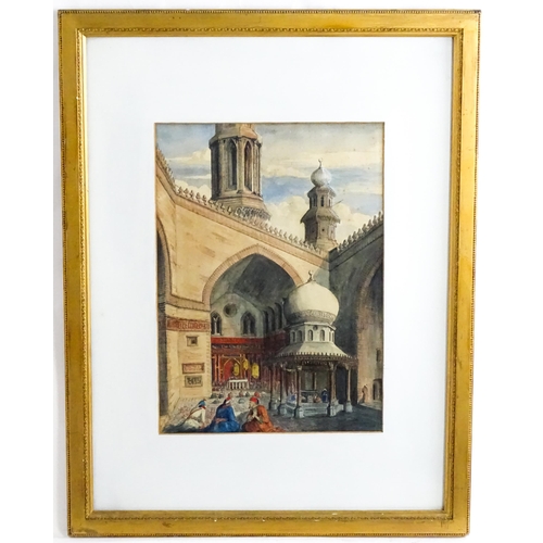 1752 - 19th century, Orientalist School, Watercolour, A mosque courtyard with figures praying by a fountain... 