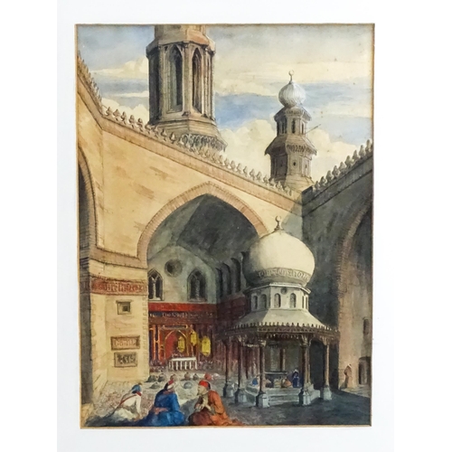 1752 - 19th century, Orientalist School, Watercolour, A mosque courtyard with figures praying by a fountain... 