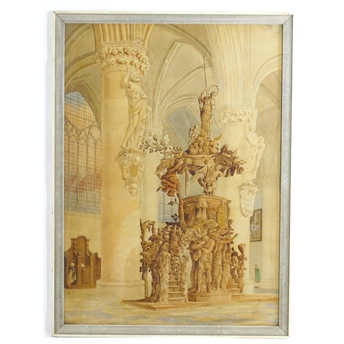 1756 - 19th century, Continental School, Watercolour, A Cathedral interior with carved Baroque pulpit. Appr... 